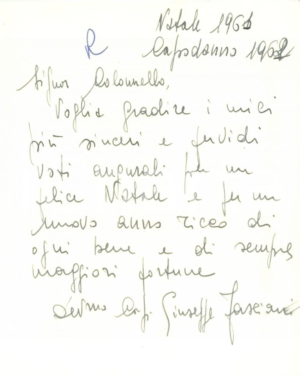 Autografo originale 1961 CREMONA Giuseppe FASCIANI Colonnello artiglieria AUTOGRAFO 1