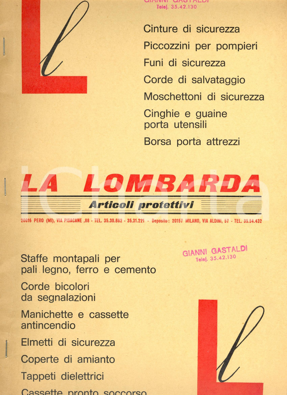 Materiale pubblicitario d’epoca 1968 PERO MI Ditta LA LOMBARDA  Articoli protezione sul lavoro Catalogo 1