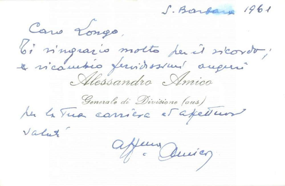 Autografo originale 1961 MILANO ? Alessandro AMICO Generale di Divisione Biglietto con AUTOGRAFO 1