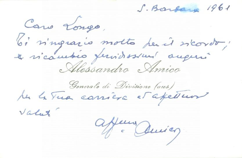 Autografo originale 1961 MILANO ? Alessandro AMICO Generale di Divisione Biglietto con AUTOGRAFO 1
