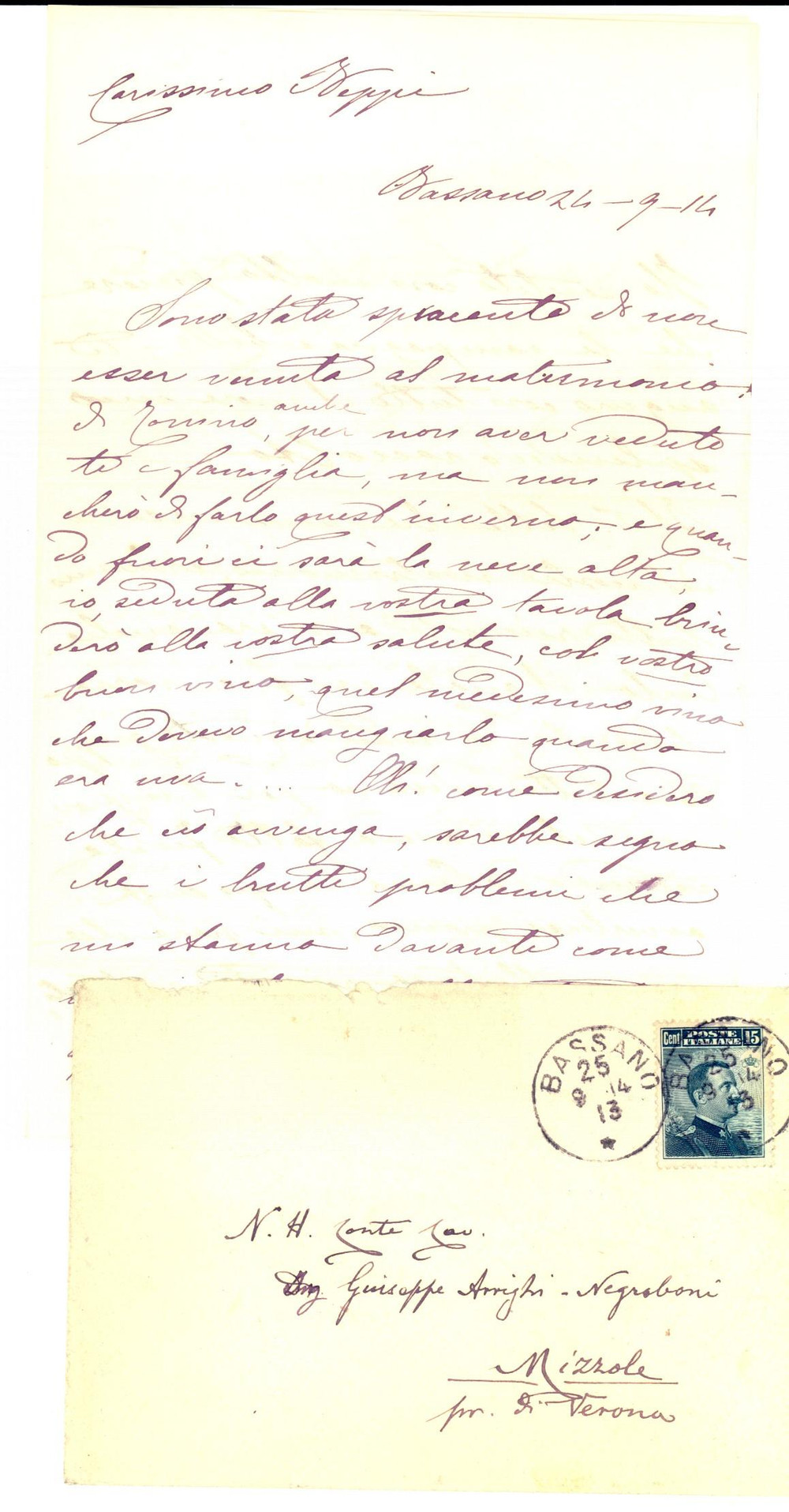 Manoscritto, lettera originale 1914 BASSANO DEL GRAPPA Lettera a Giuseppe ARRIGHI NEGROBONI dalla cognata Maria 1