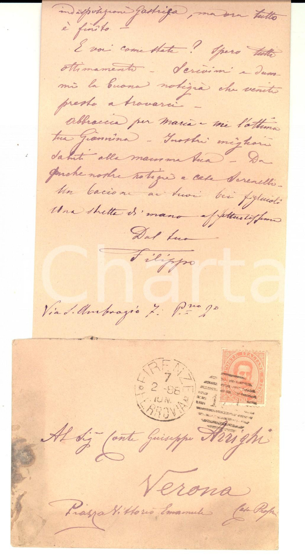 Manoscritto, lettera originale 1888 FIRENZE Di principi ce n é una miniera Autografo Filippo ARRIGHI NEGROBONI 1