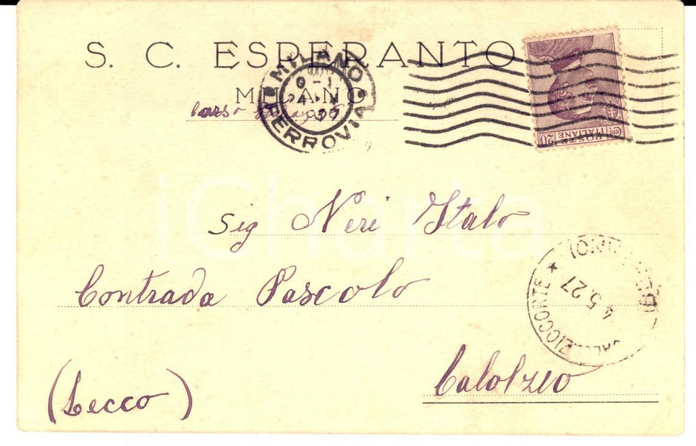 Cartolina originale da collezione 1927 MILANO S. C. ESPERANTO Invito a Italo NERI di CALOLZIOCORTE Cartolina FP 1
