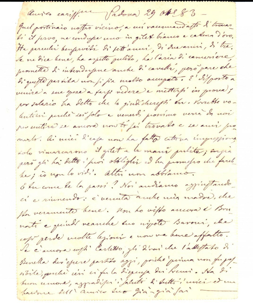 Manoscritto, lettera originale 1883 SOAVE VERONESE Servo in gilet e catena d oro per l ing. Giovanni VISCO 1