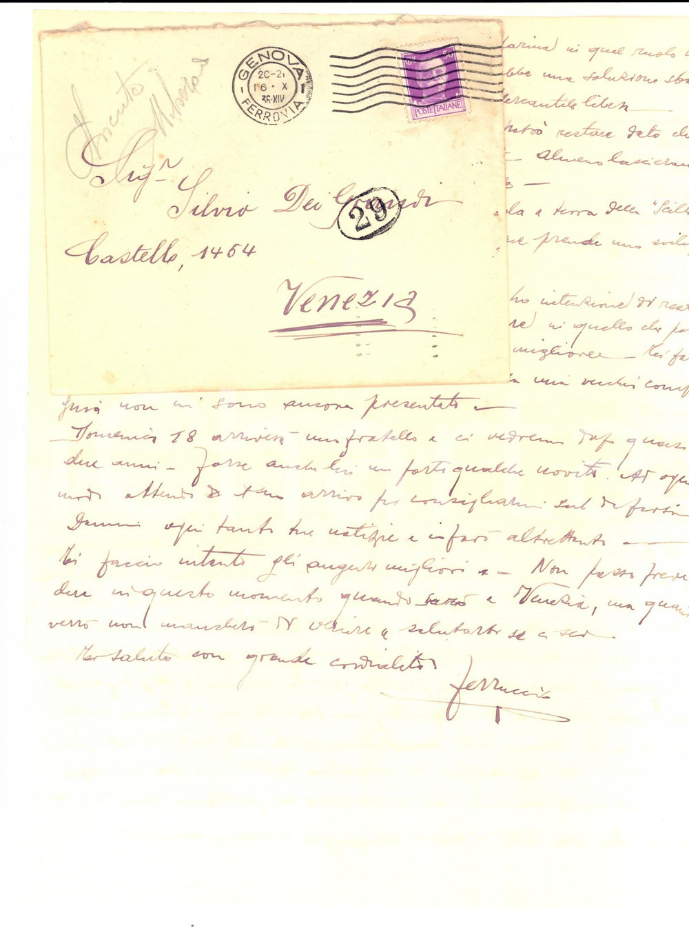 Manoscritto, lettera originale 1936 GENOVA PEGLI Macchinista Ferruccio TONON stanco delle petroliere Lettera 1