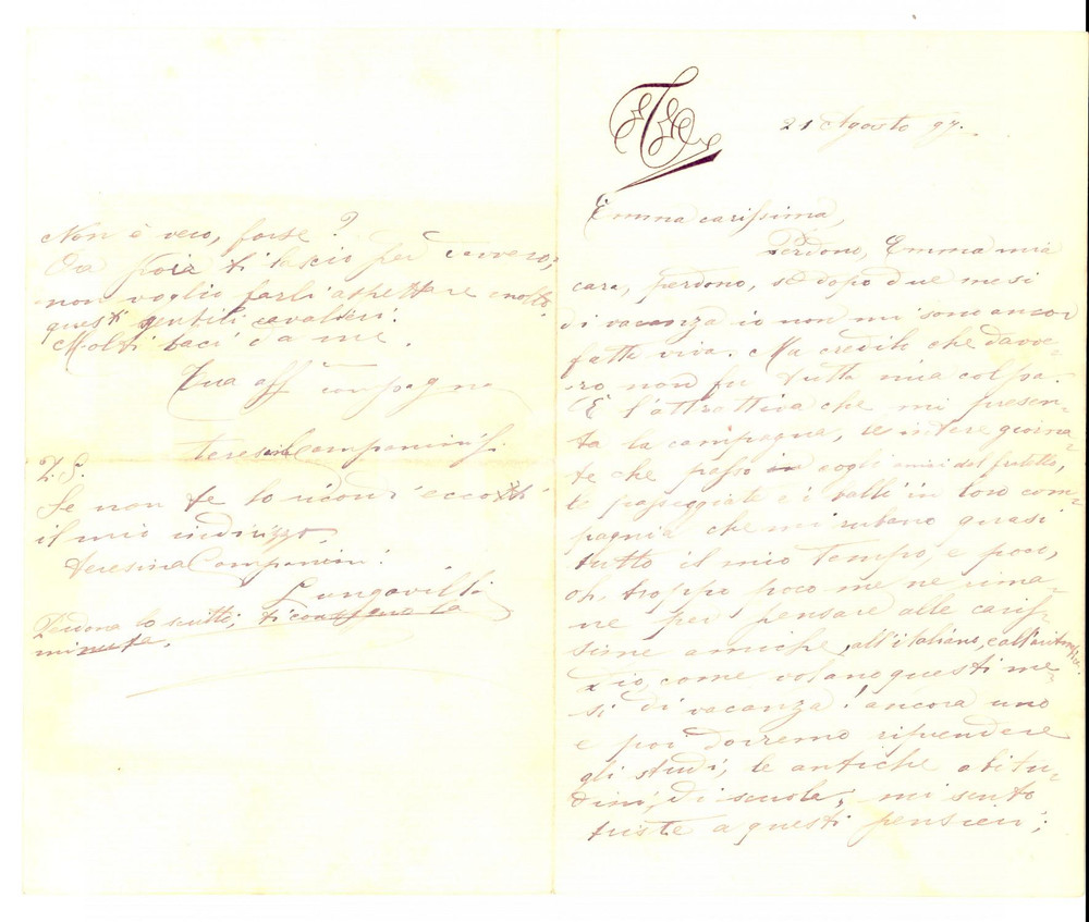 Manoscritto, lettera originale 1897 LUNGAVILLA PV Teresa CAMPANINI all amica Emma MALGUZZI in vacanza Lettera 1