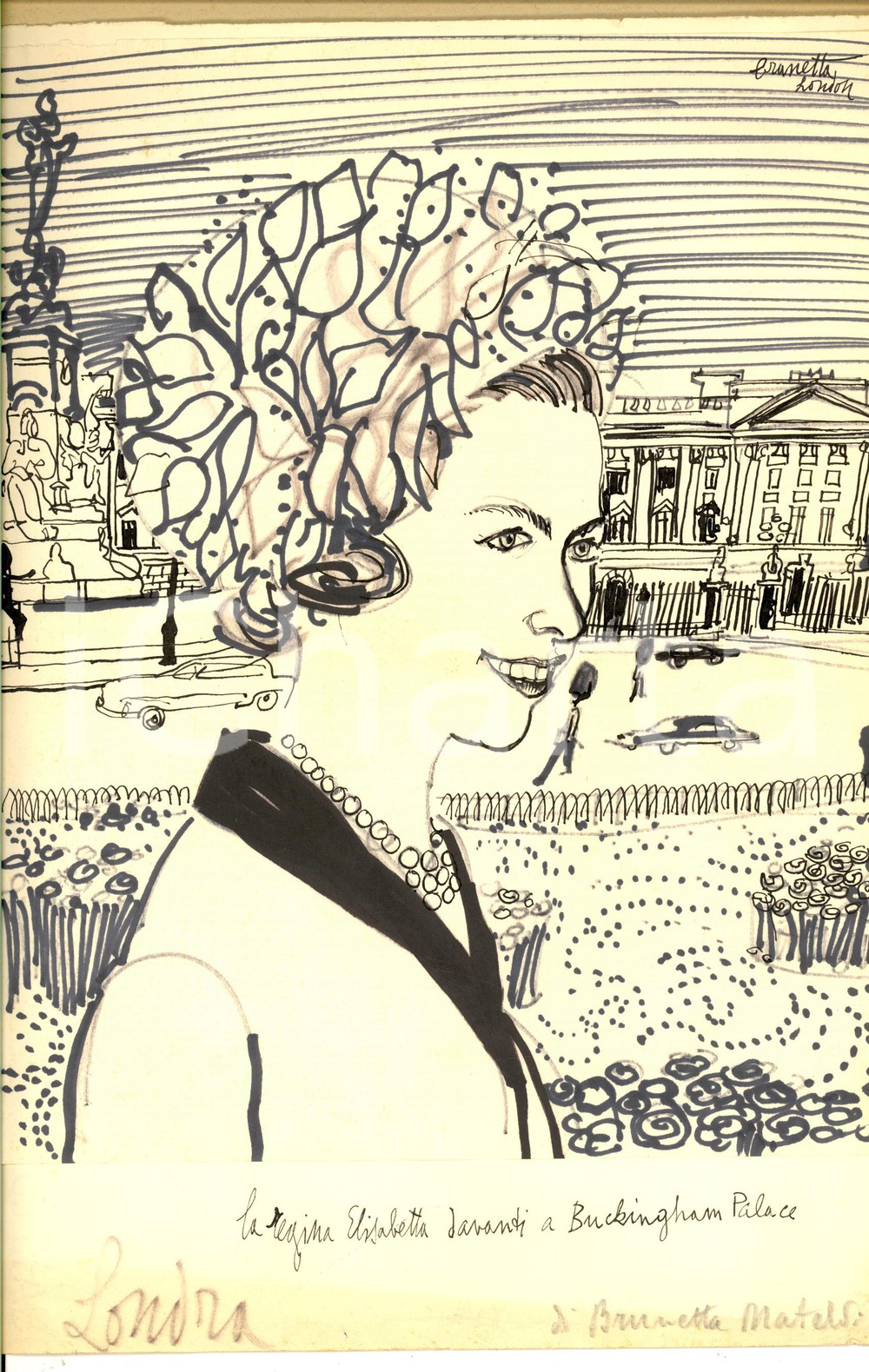 Stampa, bozzetto originale 1959 BRUNETTA MATELDI Regina Elisabetta davanti a Buckingham Palace AUTOGRAFO 1