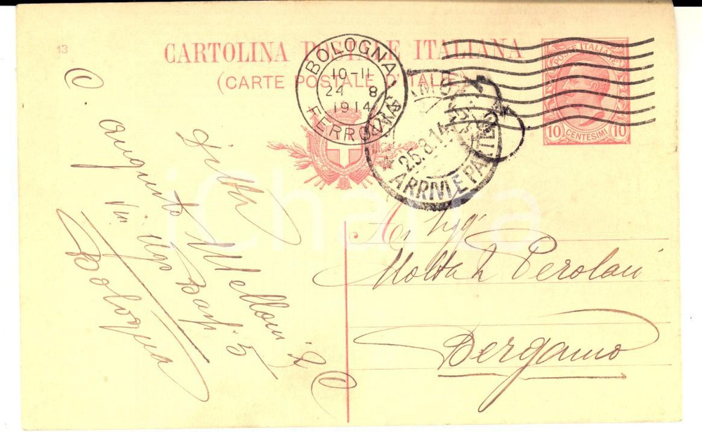 Cartolina originale da collezione 1914 BOLOGNA Cartolina AUGUSTO MELLONI & C. a MOTTA E PEROLARI FP VG 1