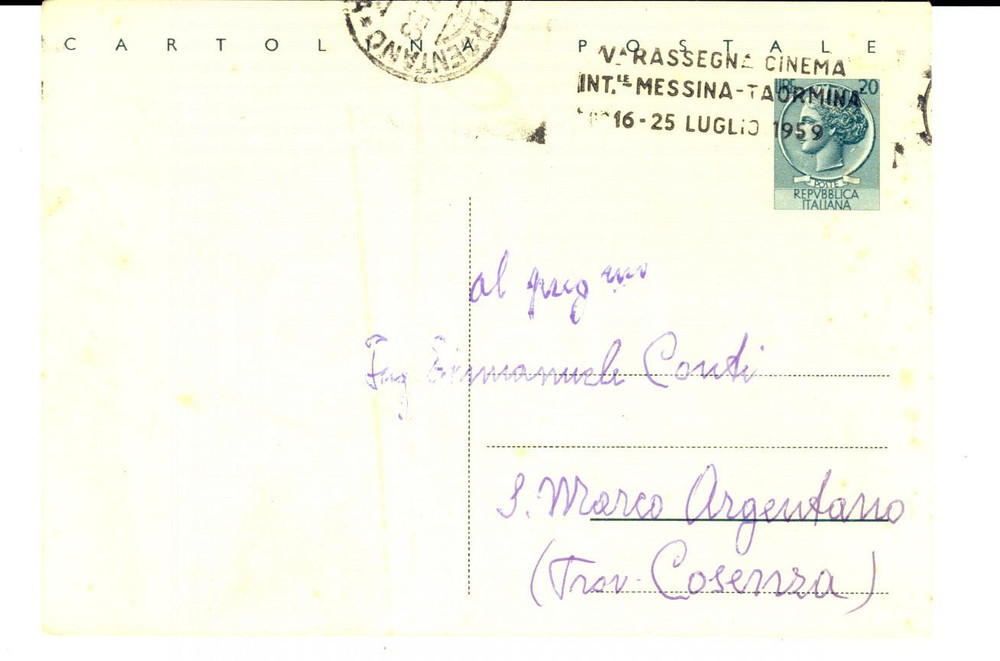 Materiale pubblicitario d’epoca 1959 Cartolina postale con TIMBRO PUBBLICITARIO Rassegna Cinema TAORMINAMESSINA 1