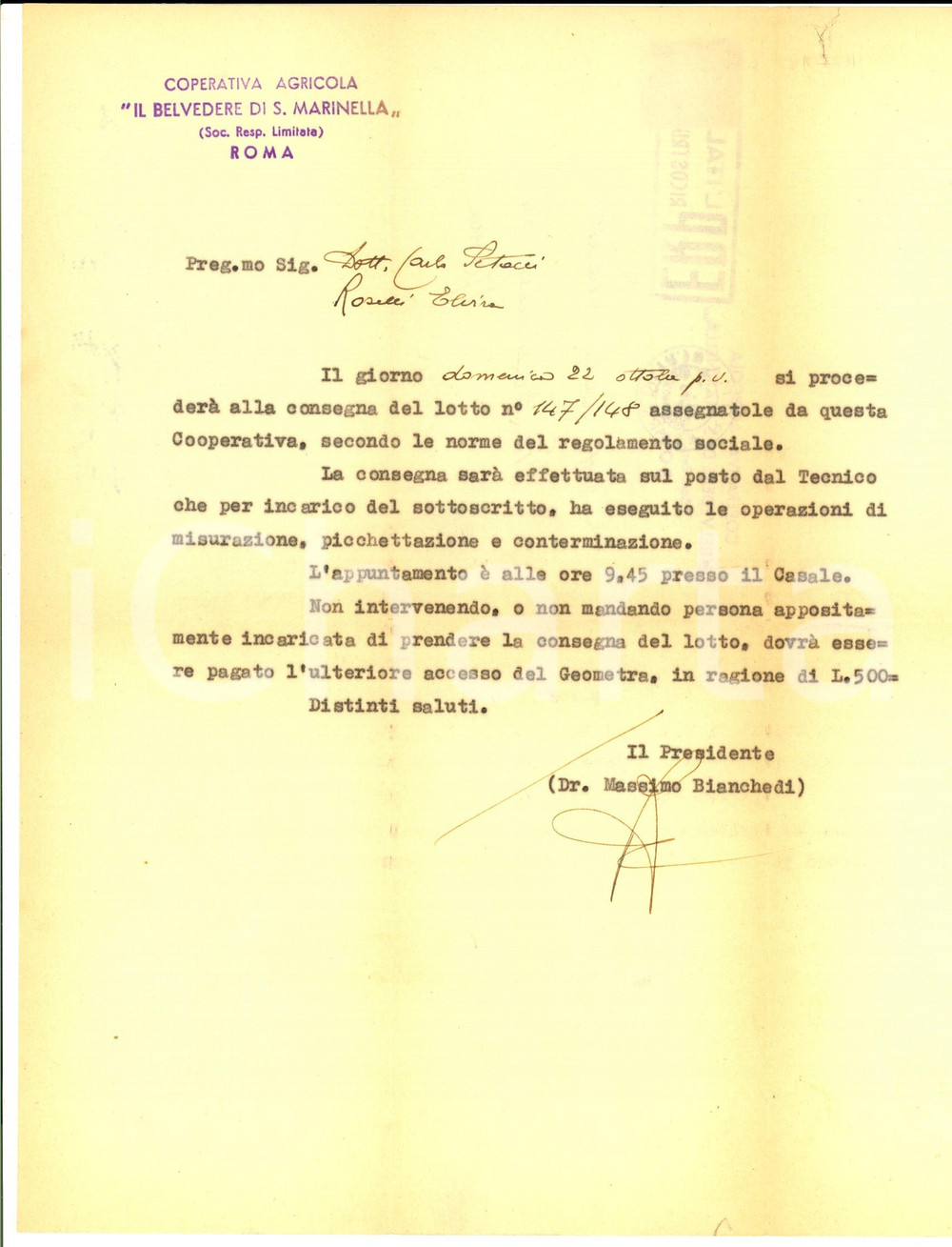 Materiale pubblicitario d’epoca 1950 ROMA Cooperativa agricola  IL BELVEDERE DI S. MARINELLA Lettera 1