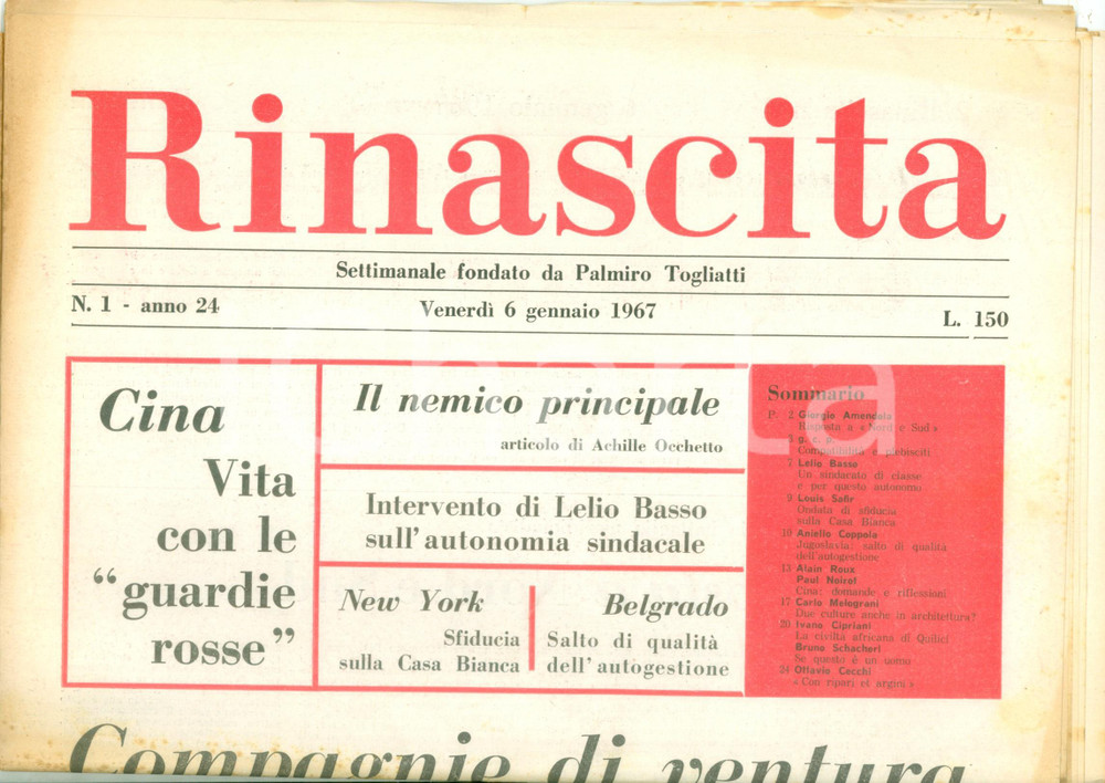 Giornale, rivista storica 1967 RINASCITA Emanuele MACALUSO Compagnie di ventura DC socialismo Giornale 1