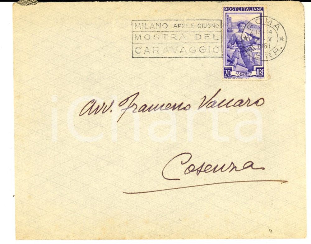 Materiale pubblicitario d’epoca 1951 ROMA Busta con TIMBRO PUBBLICITARIO  Milano Mostra del Caravaggio  VG 1