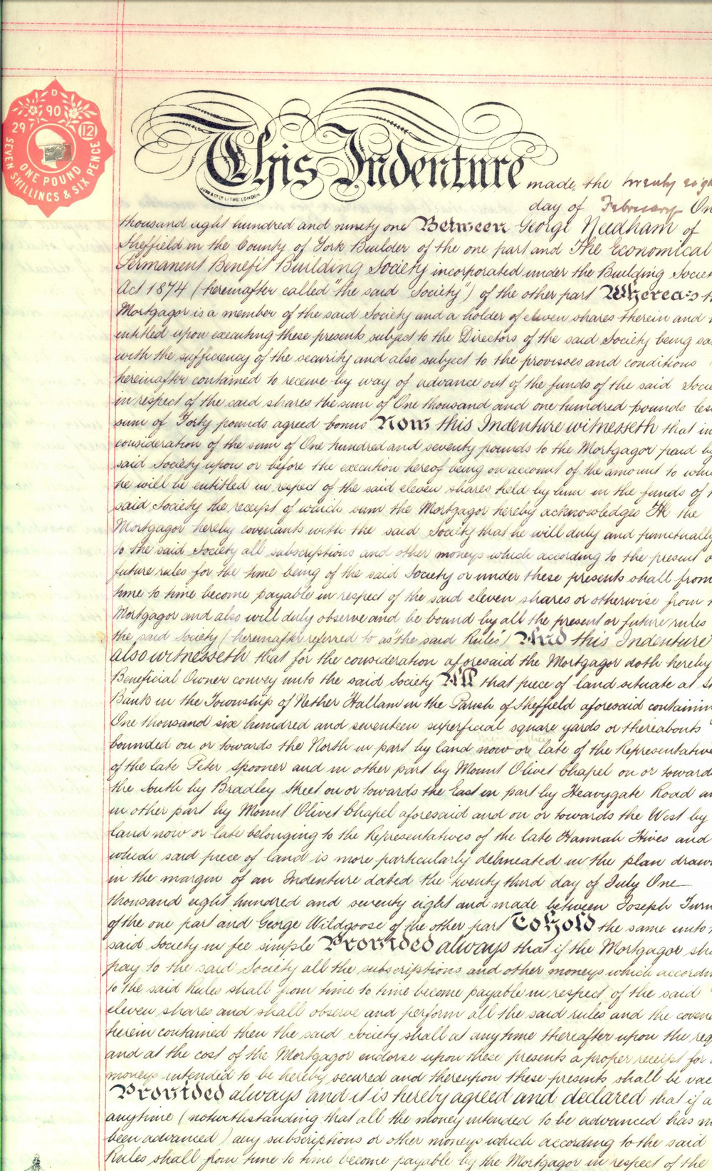 Documento originale, autentico 1891 NETHER HALLAM UK Mortgage George NEEDHAM  Benefit Building Society 1