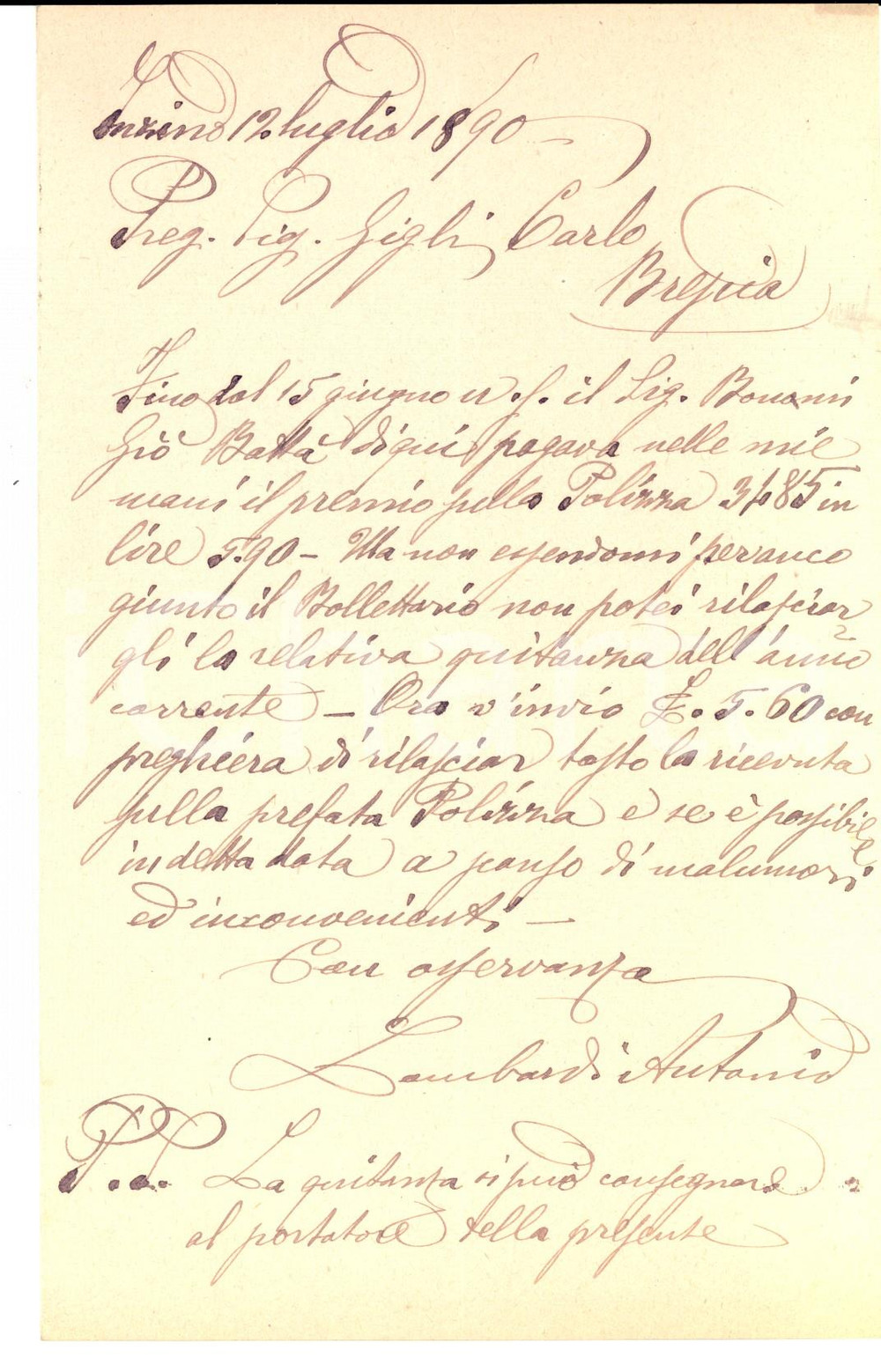 Documento originale, autentico 1890 INZINO BS Antonio LAMBARDI riceve premio di una polizza Lettera 1