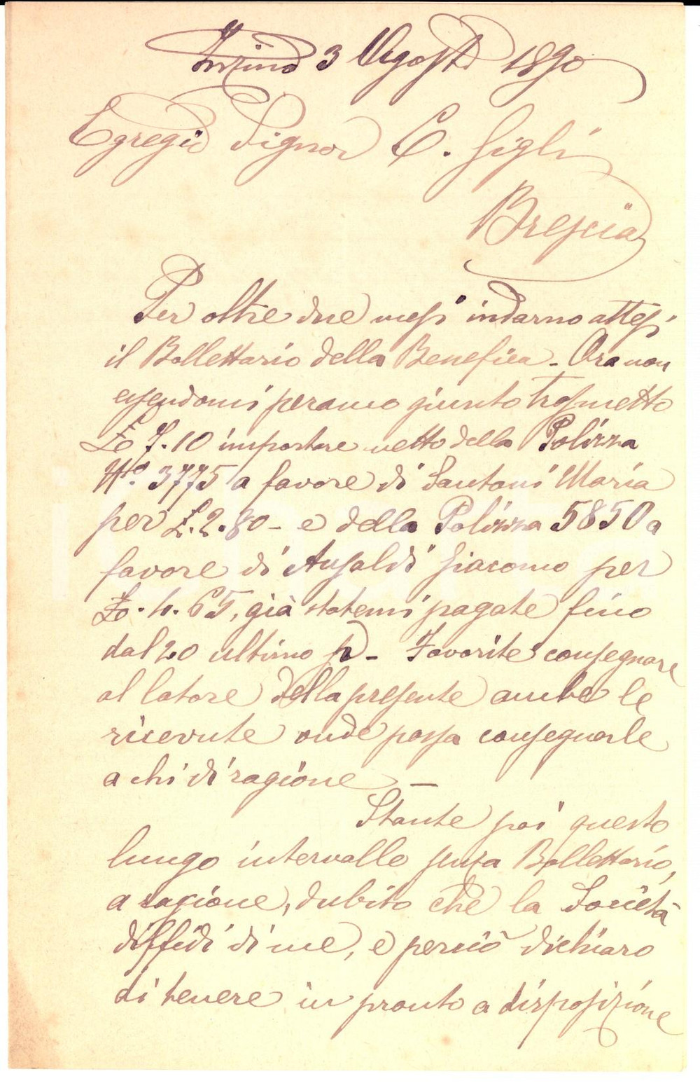Documento originale, autentico 1890 INZINO BS Antonio LAMBARDI sul premio di una polizza pro Maria SANTONI 1