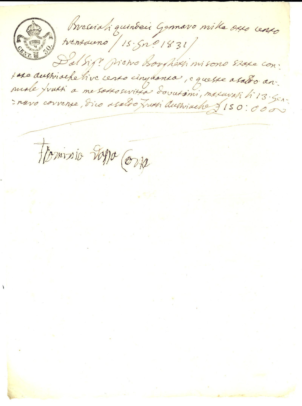 Manoscritto, lettera originale 1831 BRESCIA Flaminia MONTI DELLA CORTE riceve interessi su capitale Autografo 1