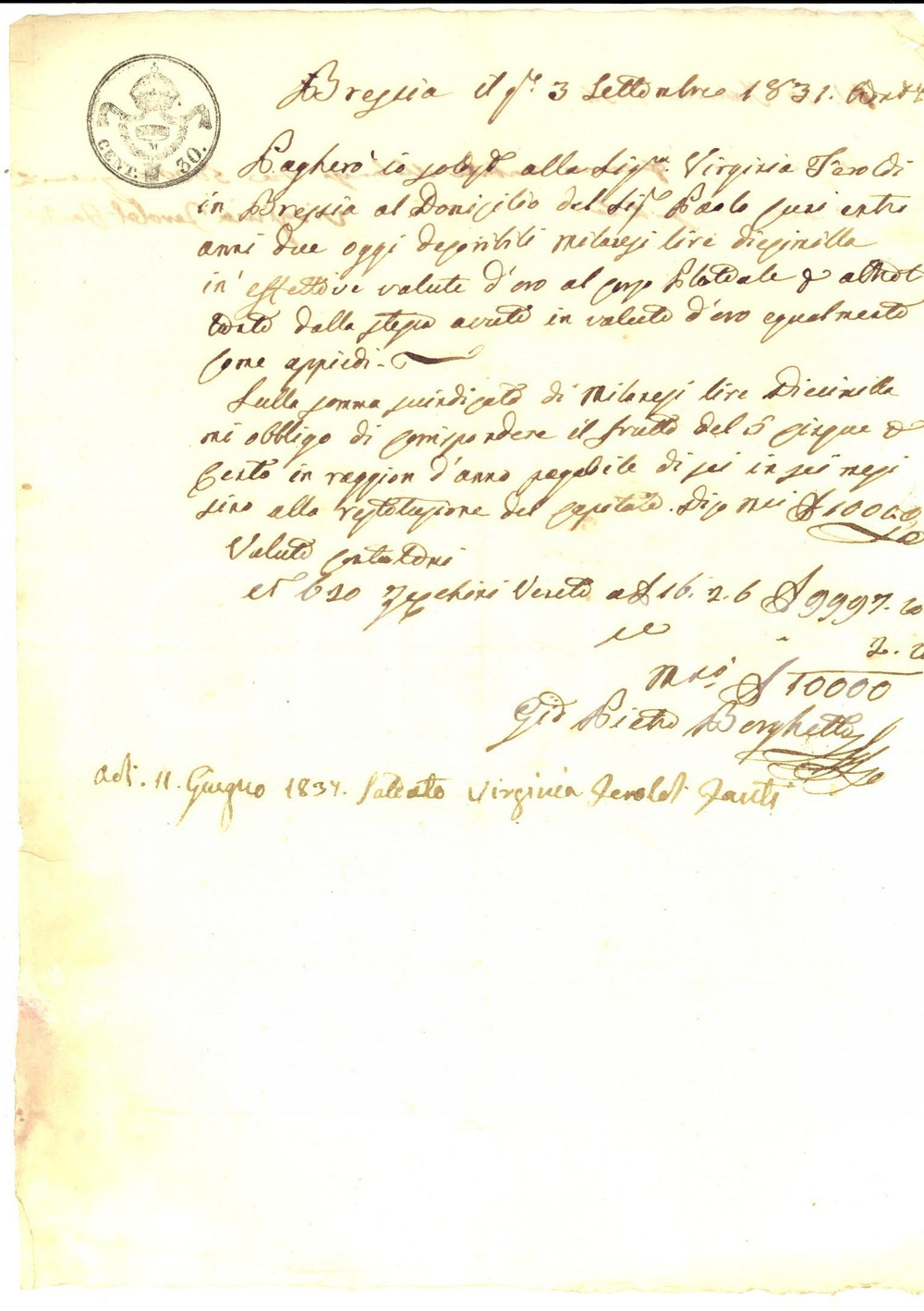 Documento originale, autentico 1831 BRESCIA Virginia FEROLDI FANTI riceve interessi dotali Manoscritto 1