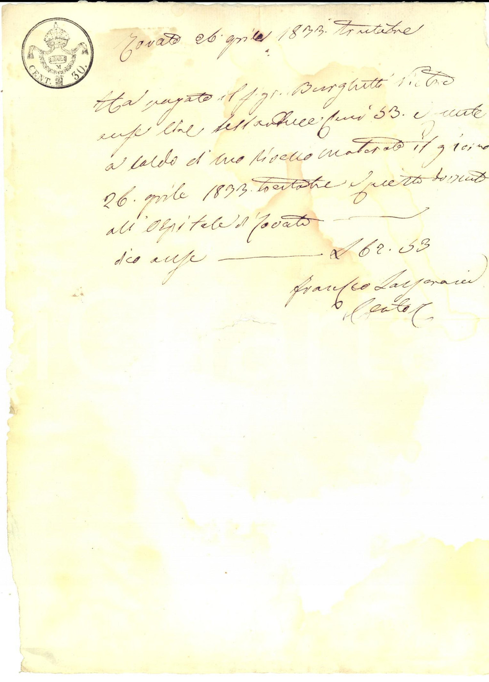 Documento originale, autentico 1833 ROVATO BS Francesco LAZZERONI riscuote censo per conto dell ospedale 1
