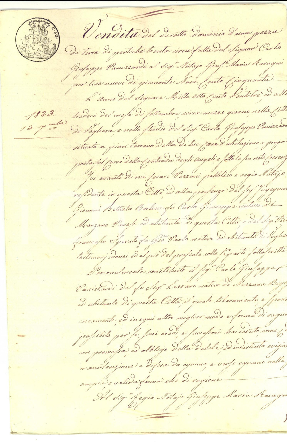 Documento originale, autentico 1823 CODEVILLA PV Carlo Giuseppe PANIZZARDI vende terra COLTIVA Manoscritto 1