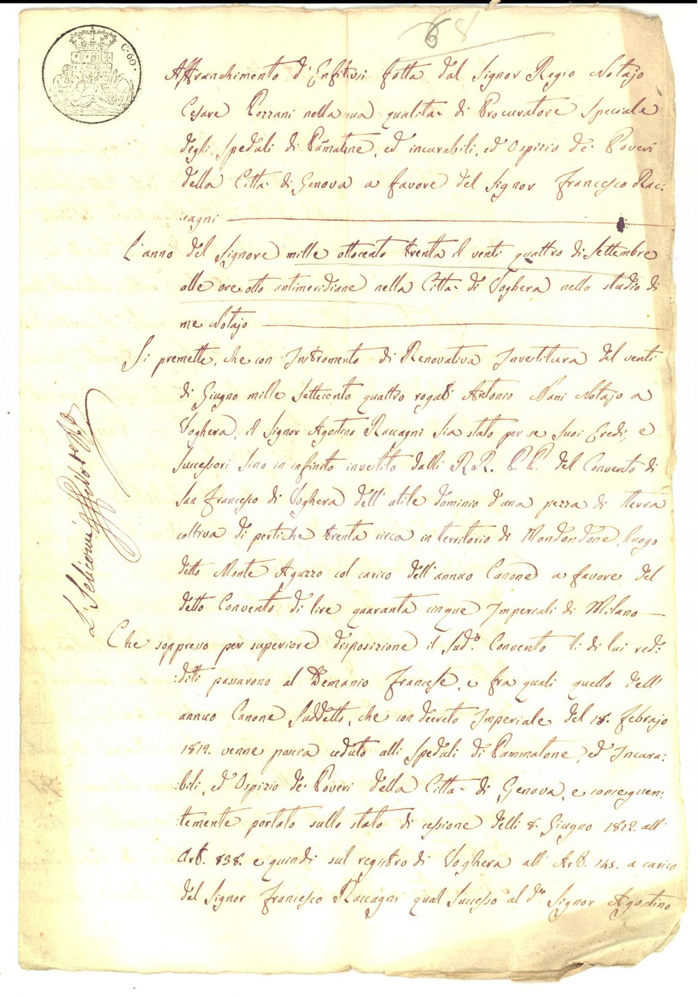Documento originale, autentico 1830 MONDONDONE Affrancamento enfiteusi ospedali PAMMATONE e Poveri di GENOVA 1