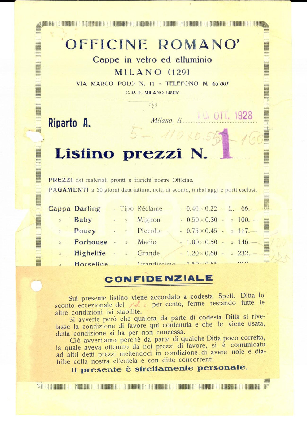 Documento originale, autentico 1928 MILANO OFFICINE ROMANO  Cappe in vetro ed alluminio Listino prezzi 1