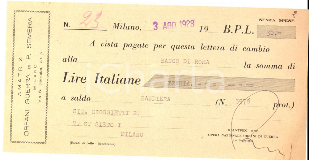 Oggetto da collezione cartaceo 1928 MILANO Cambiale pubblicitaria AMATRIX Opera orfani di guerra PADRE SEMERIA 1