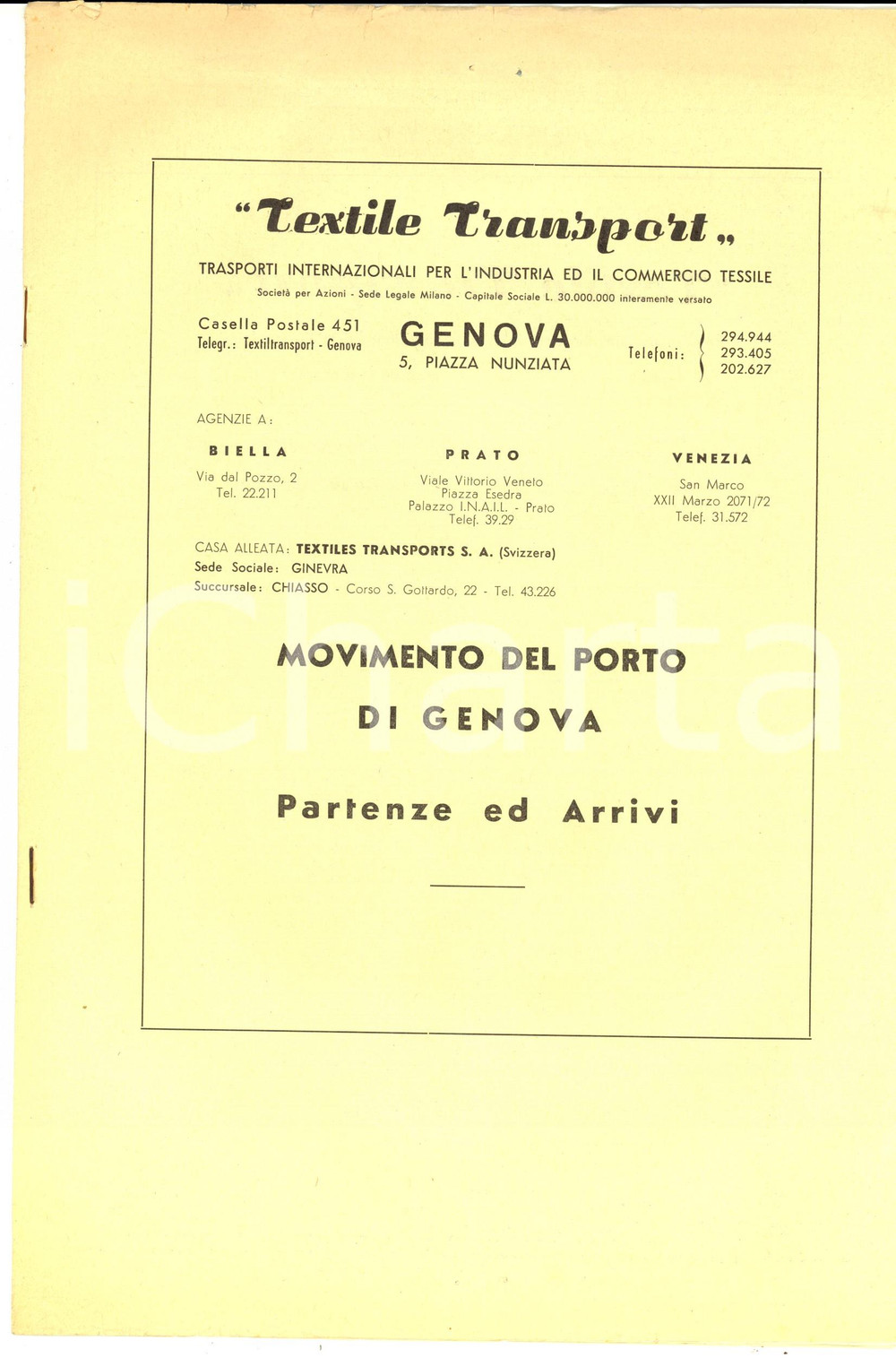 Documento originale, autentico 1962 GENOVA TEXTILE Trasporti  Partenze e arrivi vapori al porto Pubblicazione 1