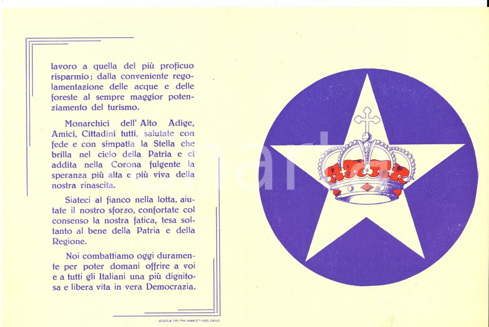 Materiale pubblicitario d’epoca 1948 ELEZIONI REGIONALI ALTO ADIGE Partito Nazionale Monarchico STELLA E CORONA 1