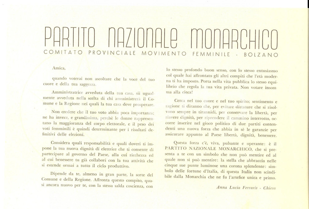 Materiale pubblicitario d’epoca 1948 BOLZANO ELEZIONI REGIONALI Partito Nazionale Monarchico Movimento Femminile 1