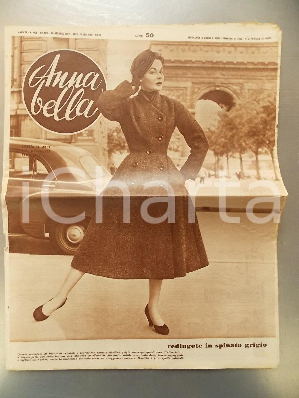 Giornale, rivista storica 1952 ANNABELLA L aviatrice Jacqueline AURIOL Rivista di moda ILLUSTRATA 1