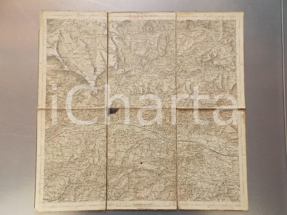 Mappa, planimetria storica 1920 ca VAL DI SUSA Mappa pieghevole su tela DANNEGGIATA 1