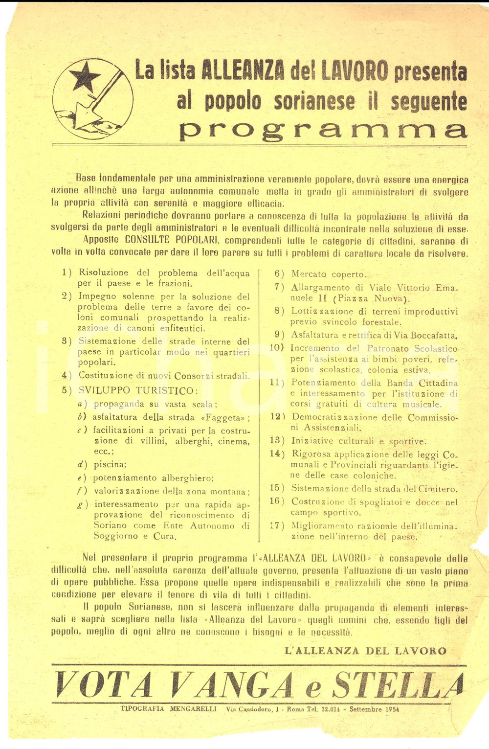 Materiale pubblicitario d’epoca 1954 SORIANO NEL CIMINO VT Programma ALLEANZA DEL LAVORO Vota VANGA E STELLA 1