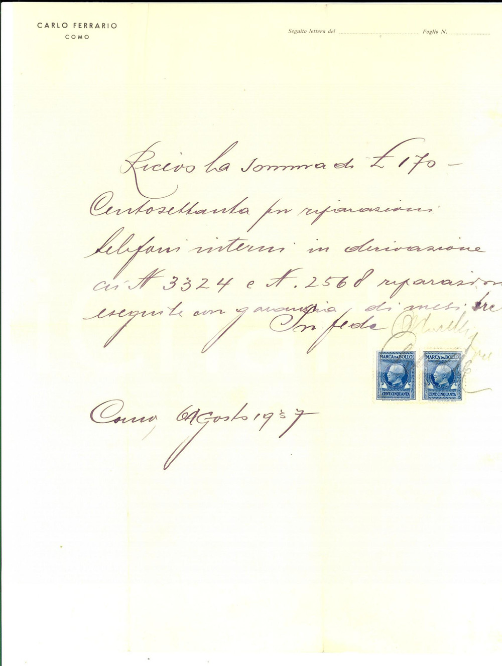 Documento originale, autentico 1937 COMO Conto ditta Carlo FERRARIO riparazione telefoni Carta intestata 1