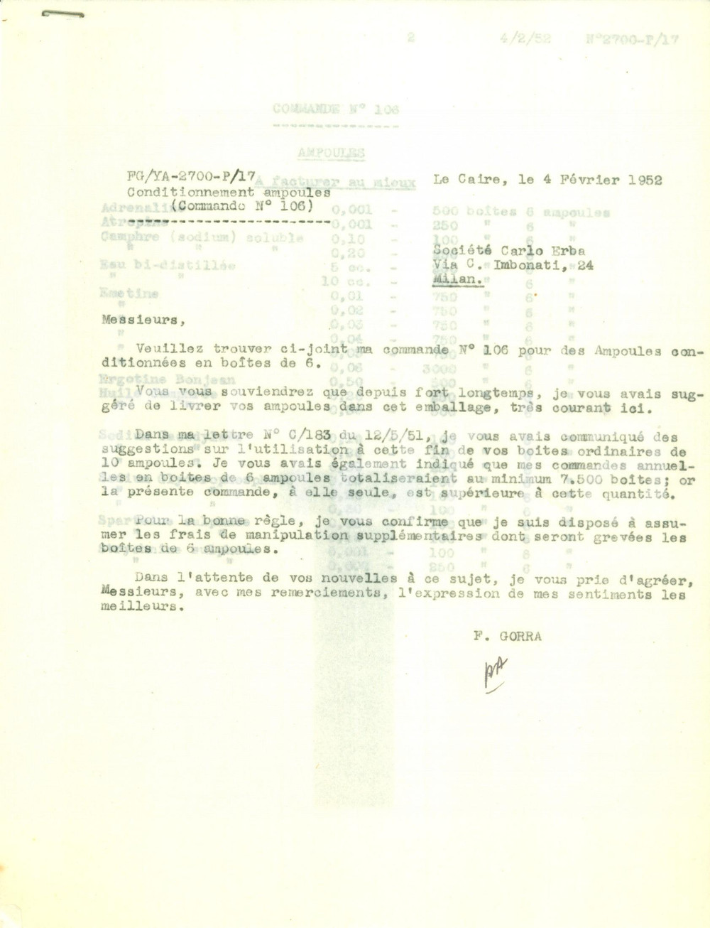 Manoscritto, lettera originale 1952 IL CAIRO EGITTO Ampolle di sostanze chimiche dalla Carlo ERBA di MILANO 1