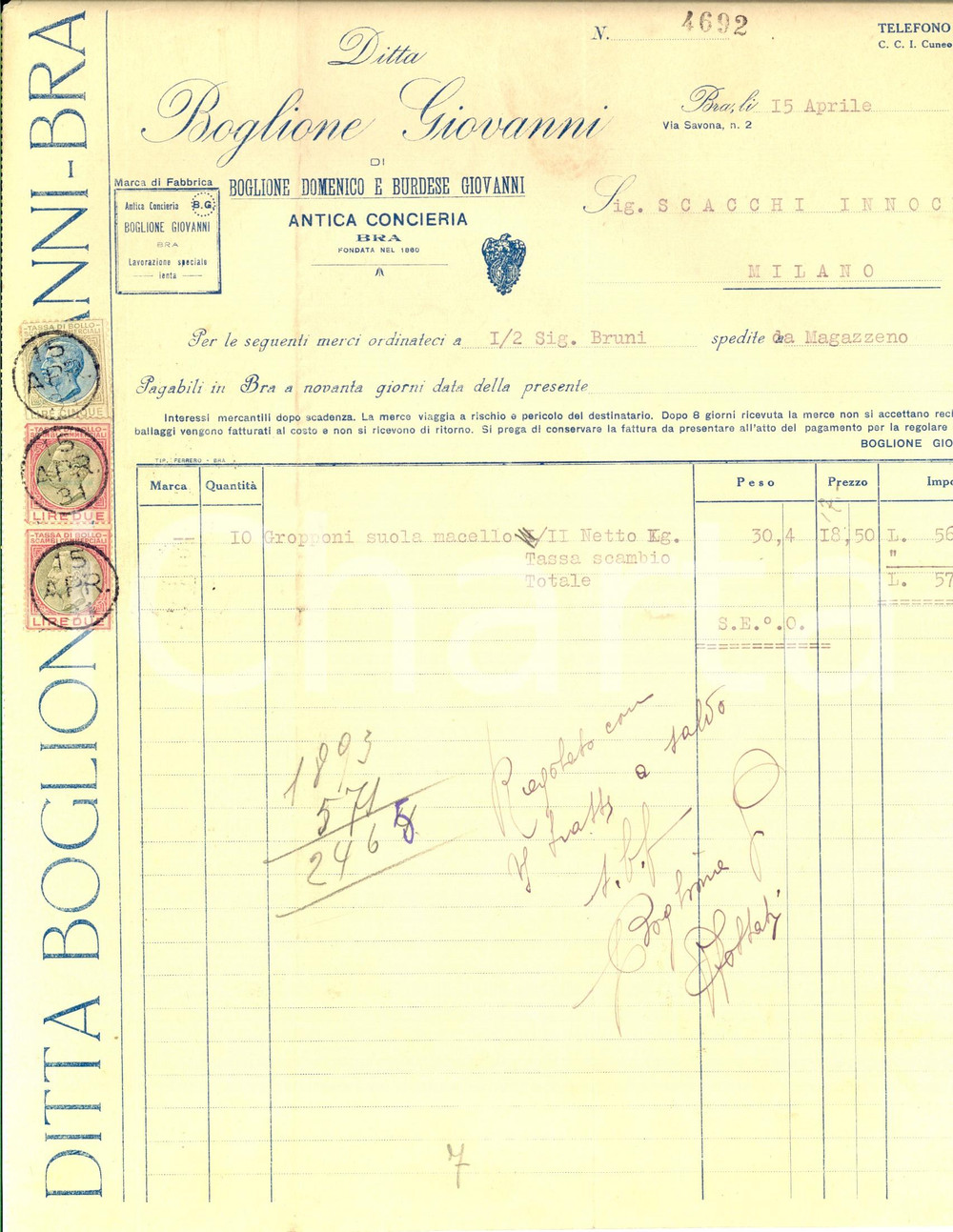 Documento originale, autentico 1931 BRA CN Ditta BOGLIONE Giovanni  Antica conceria Fattura intestata 1