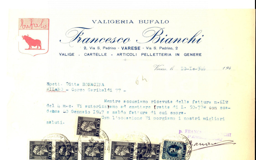 Documento originale, autentico 1946 VARESE Francesco BIANCHI Valigeria BUFALO Fattura intestata 1