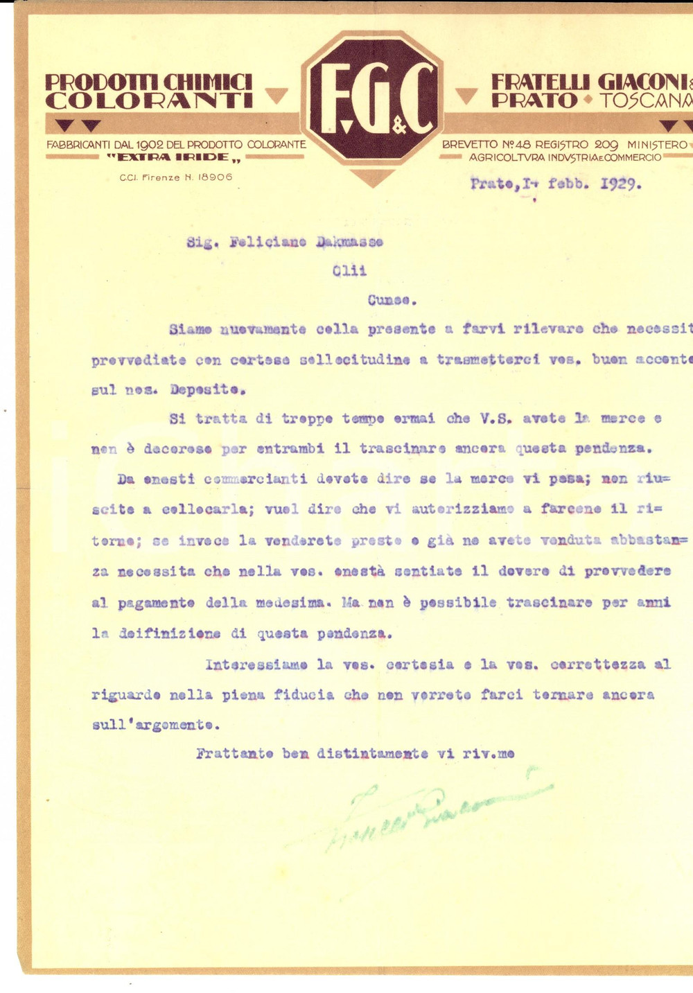 Documento originale, autentico 1929 PRATO Dite se la merce vi pesa Fratelli GIACONI & C. prodotti chimici 1
