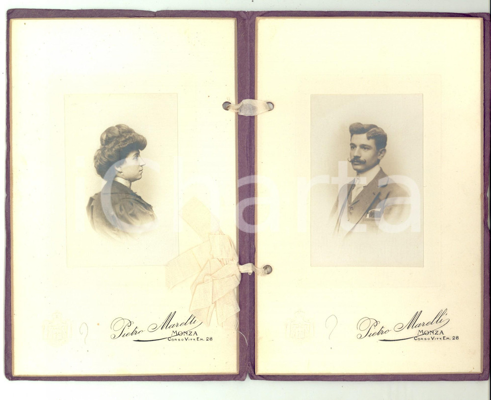 Fotografia d epoca originale 1900 ca MONZA Coppia di giovani sposi Fotografia Pietro MARELLI 11x18 1