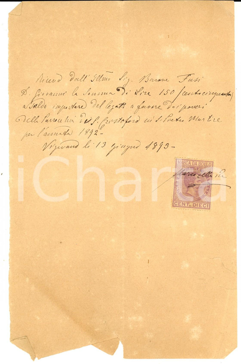 Manoscritto, lettera originale 1893 VIGEVANO PV Barone Giovanni FUSI salda legato per poveri SAN CRISTOFORO 1