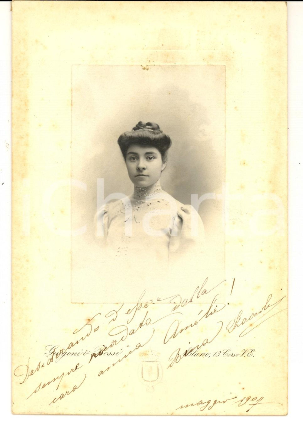 Fotografia d epoca originale 1907 MILANO Ritratto di Rina FRASCOLI con abito ricamato Foto GUIGONI e BOSSI 1