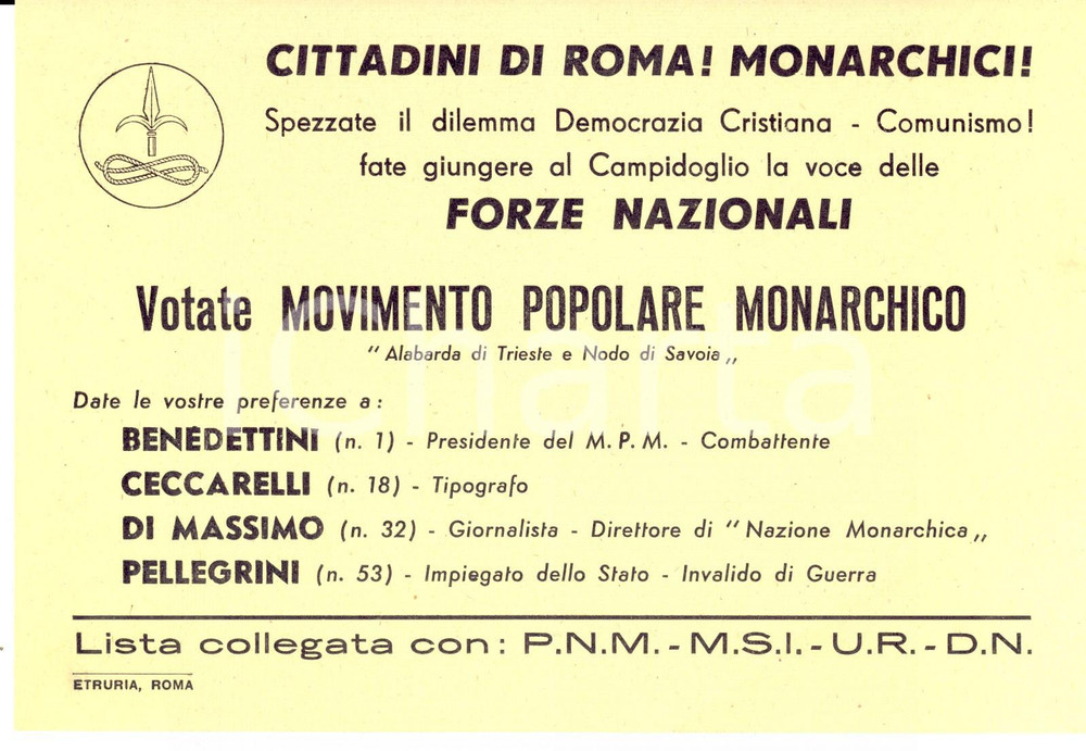 Materiale pubblicitario d’epoca 1952 ROMA Elezioni comunali  Movimento Popolare Monarchico Vota BENEDETTINI 1