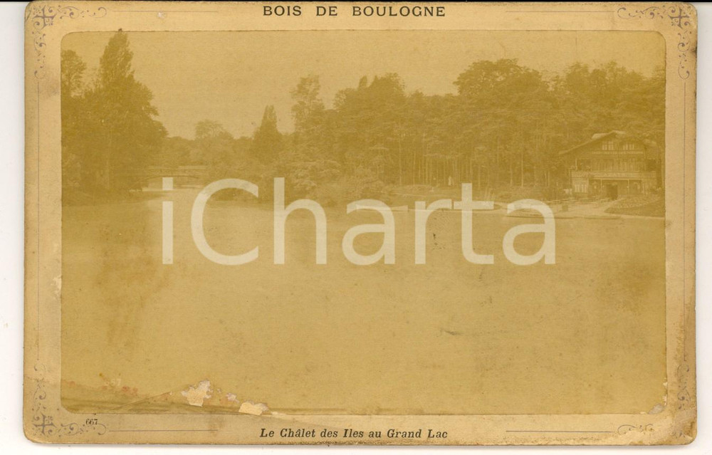 Fotografia d epoca originale 1880 ca PARIS BOIS DE BOULOGNE Chalet des Iles au Grand Lac Foto VINTAGE 17x11 1