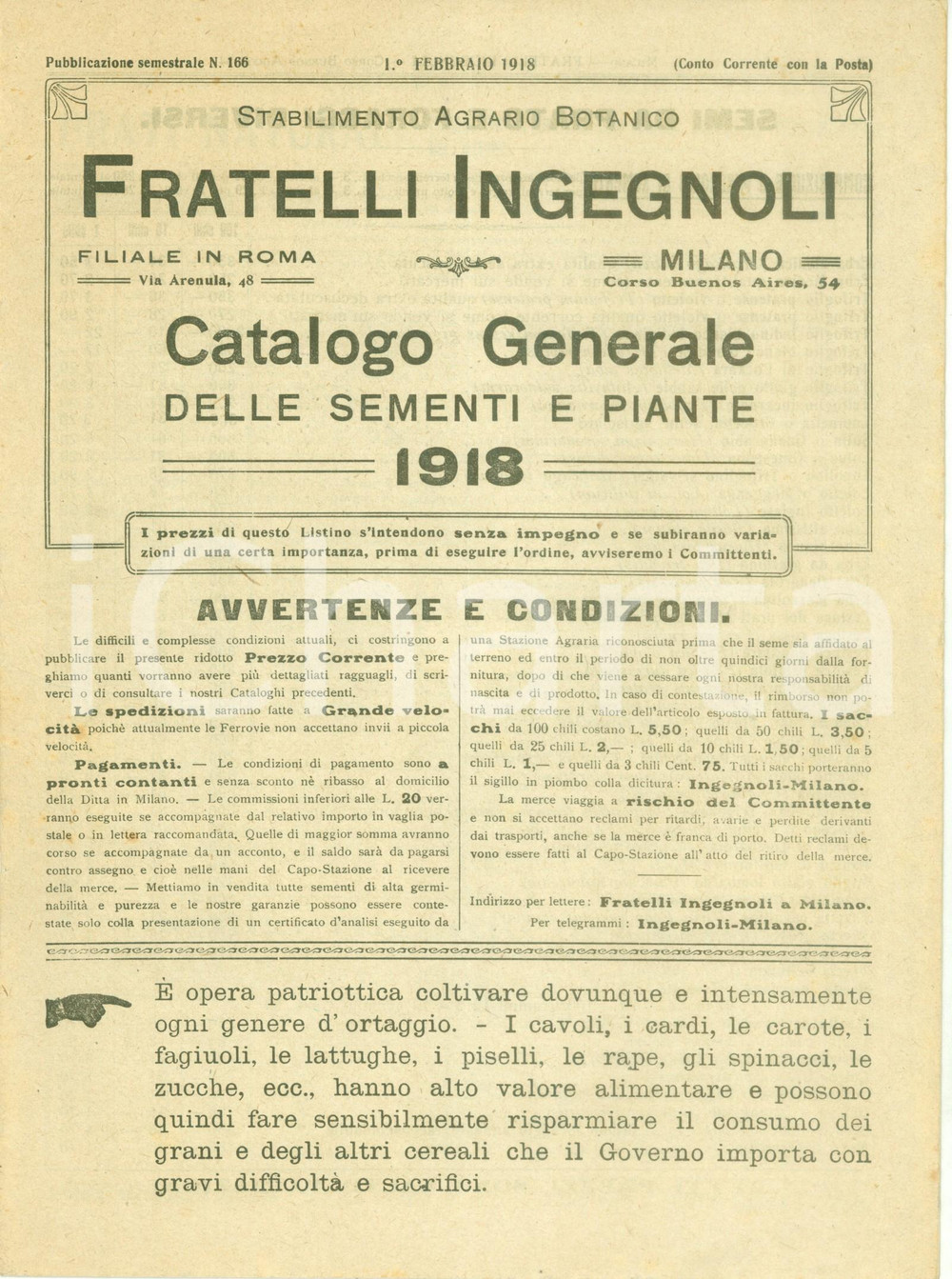 Materiale pubblicitario d’epoca 1918 MILANO Stabilimento Agrario Botanico Fratelli INGEGNOLI Catalogo generale 1
