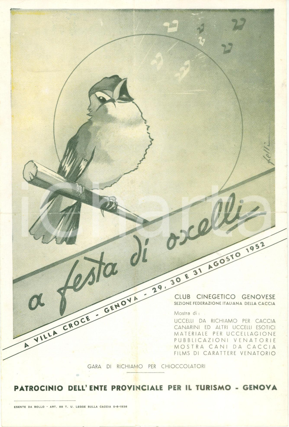 Materiale pubblicitario d’epoca 1952 GENOVA A festa di oxelli Mostra del Club Cinegetico Genovese DANNEGGIATO 1