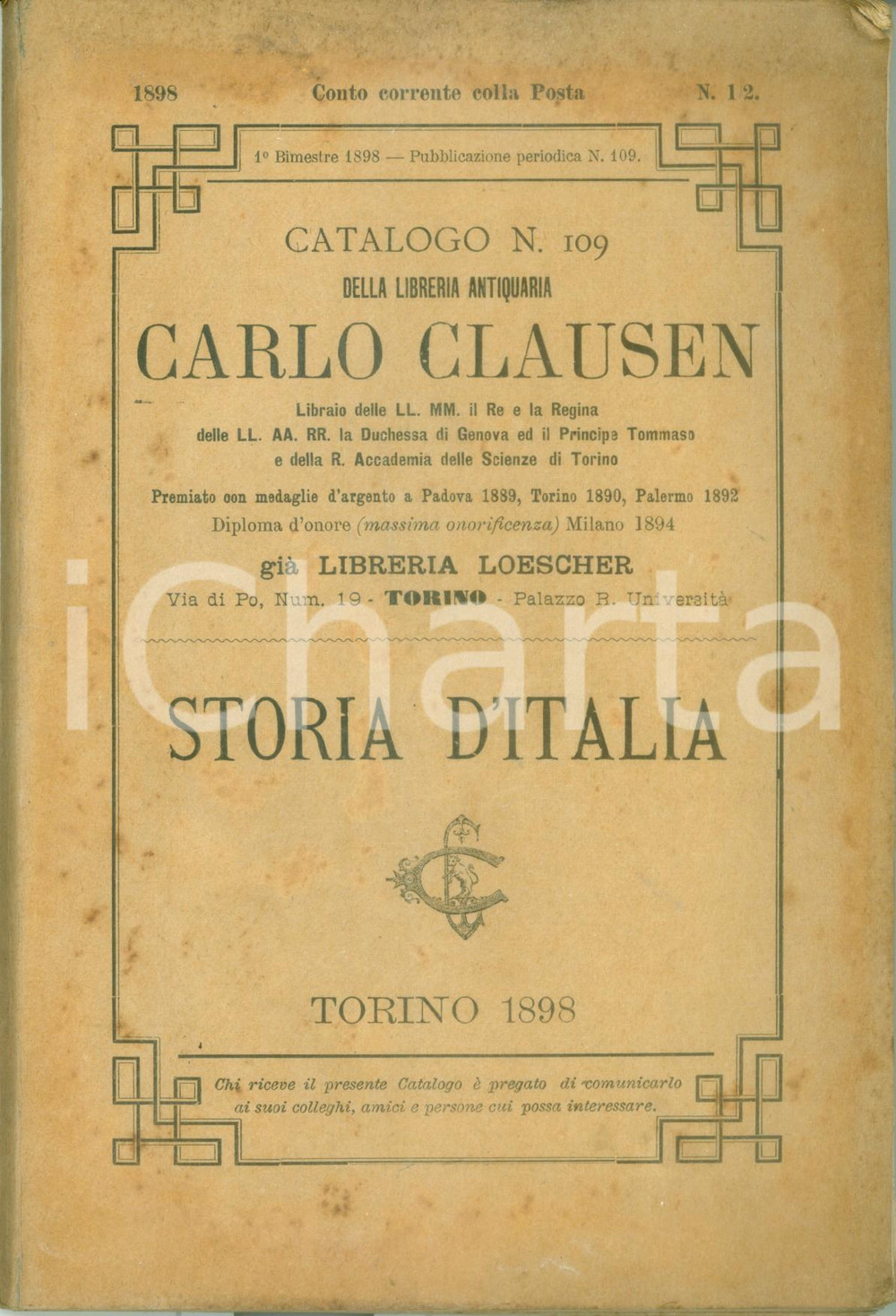 Libro, pubblicazione d epoca 1898 TORINO Catalogo Libreria Antiquaria Carlo CLAUSEN giÃ  LOESCHER n. 109 1