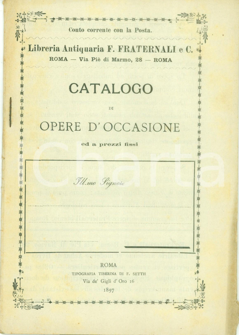 Libro, pubblicazione d epoca 1897 ROMA Libreria Antiquaria FRATERNALI & C. Catalogo opere d occasione 1