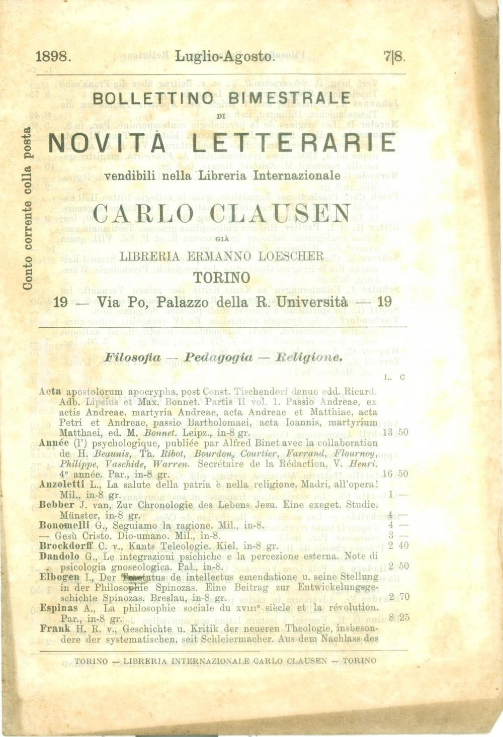 Libro, pubblicazione d epoca 1898 TORINO NovitÃ  letterarie Catalogo Libreria Internazionale Carlo CLAUSEN 1