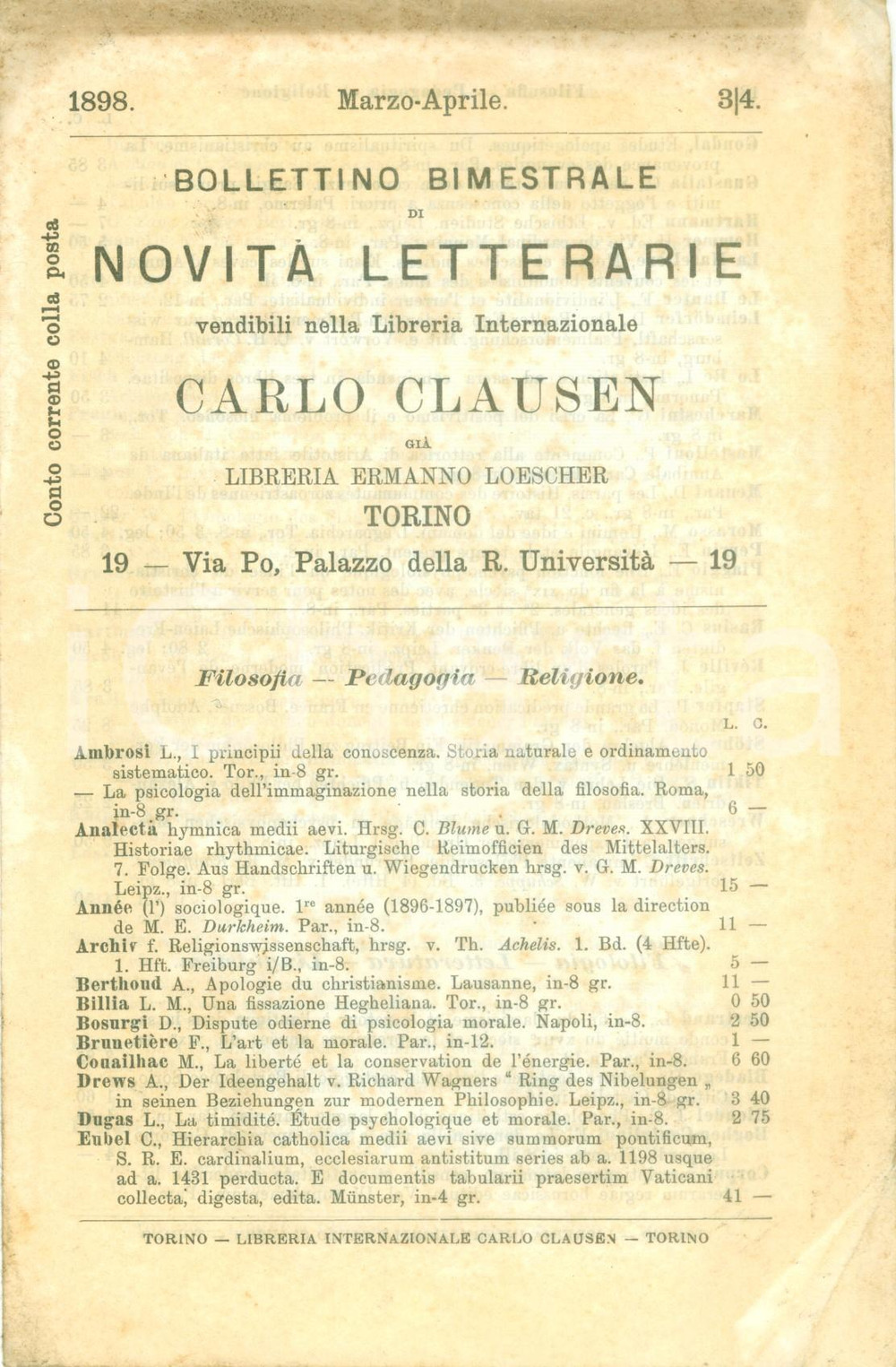 Libro, pubblicazione d epoca 1898 TORINO Catalogo Libreria Internazionale Carlo CLAUSEN NovitÃ  letterarie 1