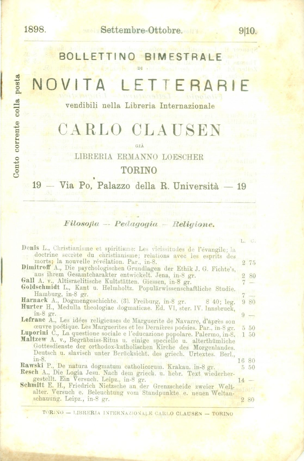 Libro, pubblicazione d epoca 1898 TORINO Catalogo Libreria Internazionale Carlo CLAUSEN Novità letterarie 1