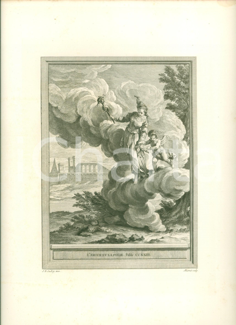 Stampa, bozzetto originale 1760 Jean DE LA FONTAINE L amour et la folie Stampa di JeanBaptiste OUDRY 1